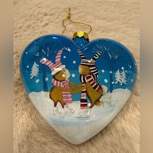 Hand Painted Glass Heart Christmas Ornament 2018 Winter Animals Ice Skating